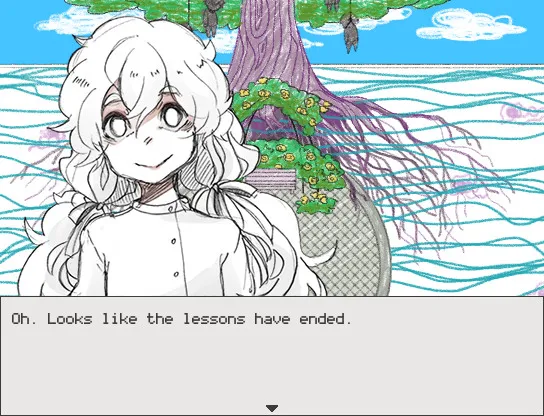 Hello Charlotte EP3 screenshot: Charlotte smiles in front of a tree by the sea, saying looks like the lessons have ended