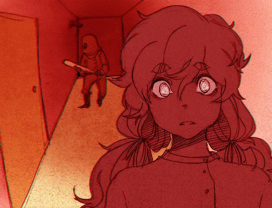 Hello Charlotte EP3 screenshot: a frightened girl in red tint while a figure with a club stands in the corridor behind her