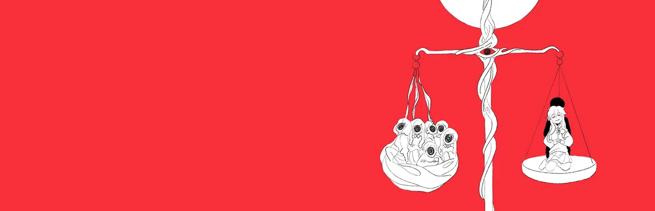 Hello Charlotte EP3 key art: a white scale on a red background, one pan holding a cluster of eyed creatures and the other a small seated girl