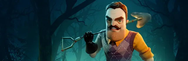 Hello Neighbor 2 key art: the moustached Neighbor in an argyle vest carrying a shovel over his shoulder in a dark forest