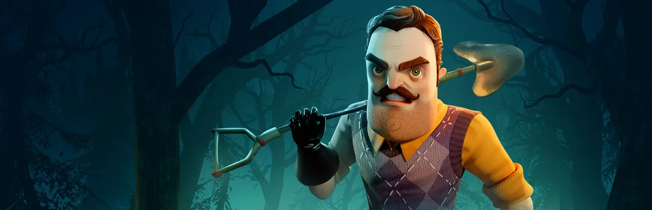 Hello Neighbor 2 key art: the moustached Neighbor in an argyle vest carrying a shovel over his shoulder in a dark forest