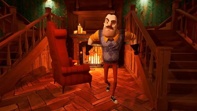 The Neighbor standing by the fireplace in a wood-panelled hall between two staircases