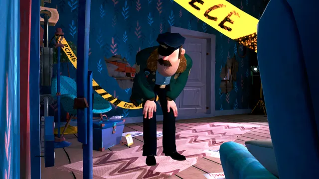 A police officer bending over evidence markers in a room taped off as a crime scene, seen from a hiding place
