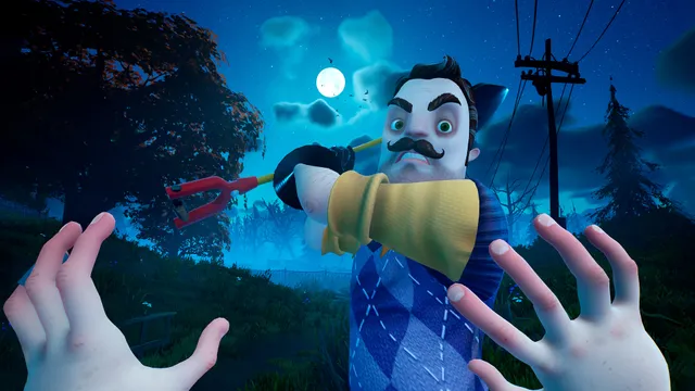 The Neighbor reaching for the player at night under a full moon, the player's hands raised