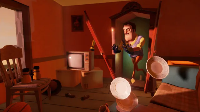 Hello Neighbor screenshot: the neighbour bursts out of a wardrobe at you as plates fly through the air
