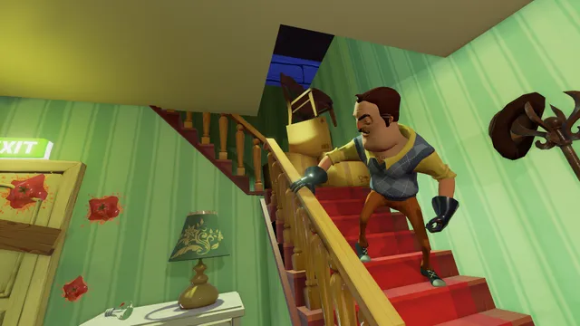 Hello Neighbor screenshot: the neighbour stomps down a red-carpeted staircase toward you
