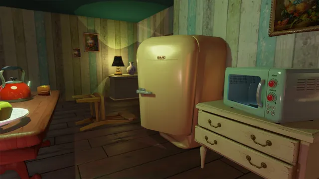 Hello Neighbor screenshot: the street of the neighbourhood with a missing-person poster on a tree
