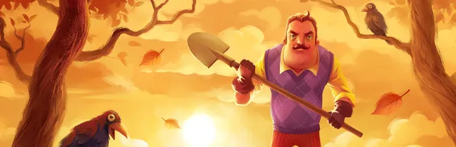 Hello Neighbor key art: the moustached neighbour holding a shovel among autumn trees, with crows watching