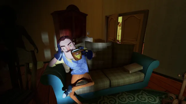 Hello Neighbor screenshot: the neighbour drinks from a mug on his sofa in a dim living room