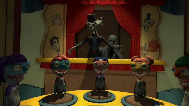 Hello Puppets! VR screenshot: a skeletal puppet master in a top hat leans over a stage above a row of grinning puppet heads