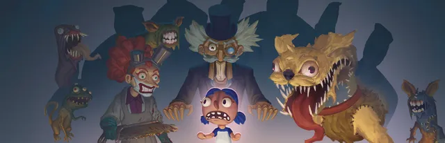 Hello Puppets! key art: the frightened puppet Scout stands in front of a top-hatted puppet master, a grinning clown and a giant fanged dog puppet