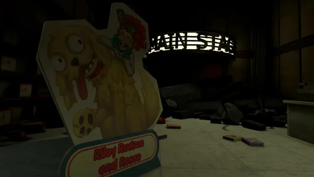 Hello Puppets! VR screenshot: a cardboard cut-out of the dog puppet Rosco in front of the ruined Main Stage sign