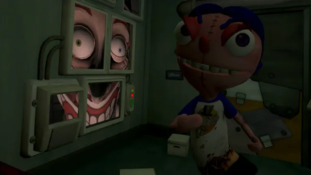 Hello Puppets! VR screenshot: the stitched puppet Scout in a dark room beside monitors showing a giant staring clown face