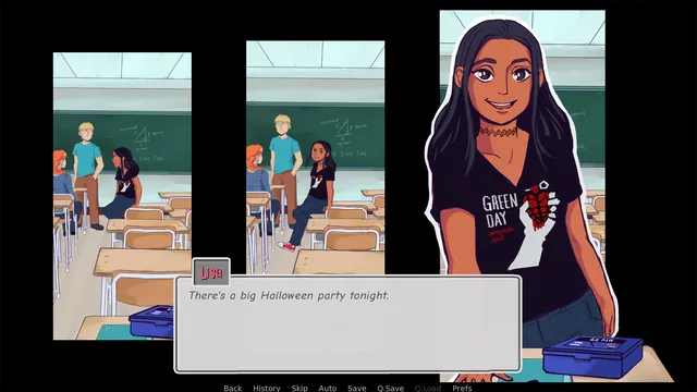 Lisa, a smiling girl in a Green Day T-shirt, tells you there's a big Halloween party tonight, with classroom scenes behind her