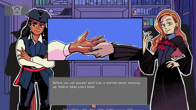 A girl in a pirate costume watches as a red-haired girl in a dark gown takes Lisa's hand in a library
