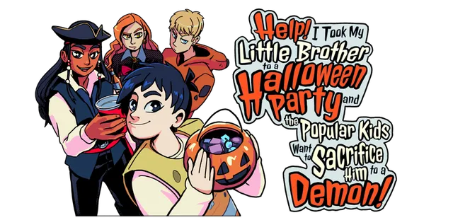 Title art: a boy holding a pumpkin candy bucket in front of the costumed party kids, beside the game's long title