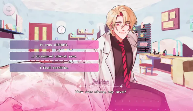 Helping Your Boyfriend screenshot: Adrian in a lab coat sits by your bed and asks how you slept, with three replies to choose