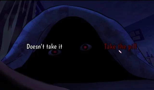 Helping Your Boyfriend screenshot: a shadowy figure with red eyes looms under the bedsheet at night, with the choices Take the pill and Doesn't take it