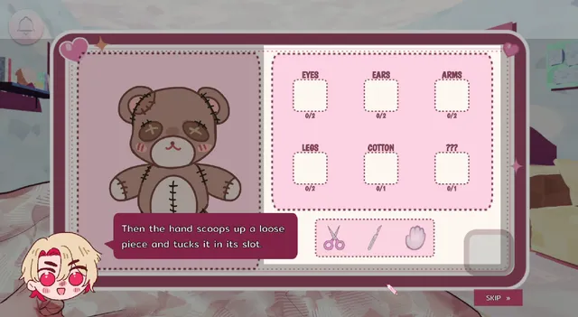 Helping Your Boyfriend mini-game: a stitched teddy bear to take apart, with slots for its eyes, ears, arms, legs and cotton