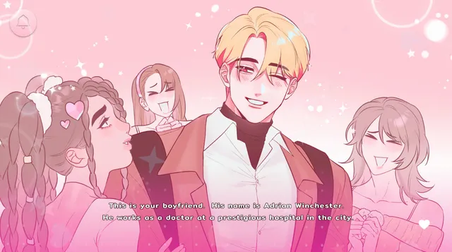 Helping Your Boyfriend screenshot: blond Adrian winks among admirers as the narration introduces him as a doctor at a city hospital