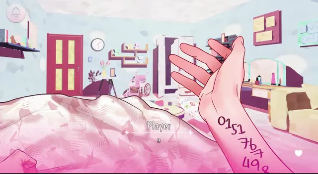 Helping Your Boyfriend screenshot: your hand, with numbers written on the arm, in a pastel bedroom with a pink wheelchair