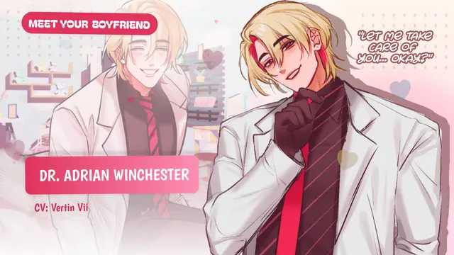 Helping Your Boyfriend key art: Dr. Adrian Winchester, blond in a lab coat and black gloves, smiles beside the line Let me take care of you... okay?