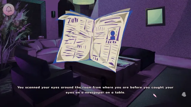 Helping Your Boyfriend screenshot: a newspaper on a table in a dark purple living room