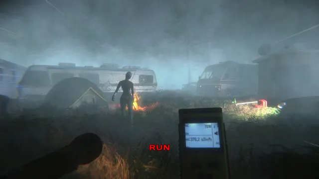 [HERROR] Gas Station Case screenshot: a foggy campsite at night with a radiation meter in hand and the word RUN on screen