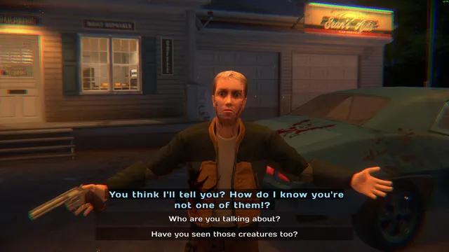 [HERROR] Gas Station Case screenshot: a bloodied man with a revolver asks how he knows you are not one of them