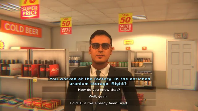 [HERROR] Gas Station Case screenshot: a man in sunglasses asks about your work in uranium storage, with dialogue choices