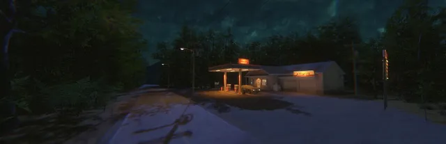 [HERROR] Gas Station Case key art: a lone lit gas station on a dark road among night-time pine woods