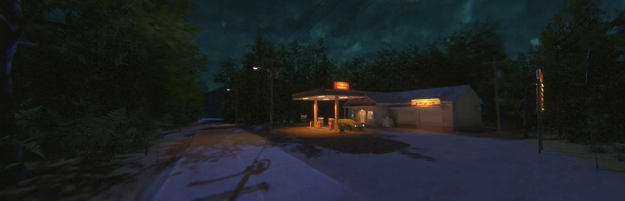 [HERROR] Gas Station Case key art: a lone lit gas station on a dark road among night-time pine woods