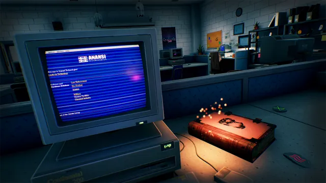 Hide and Shriek: an old computer terminal and a glowing spell book on a desk in a dark school office