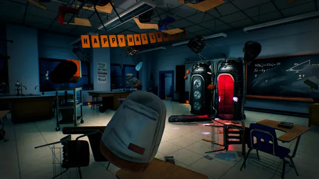 Hide and Shriek: a classroom at night under a Happy Halloween banner, with a backpack, a pumpkin and a pair of arcade cabinets lit red