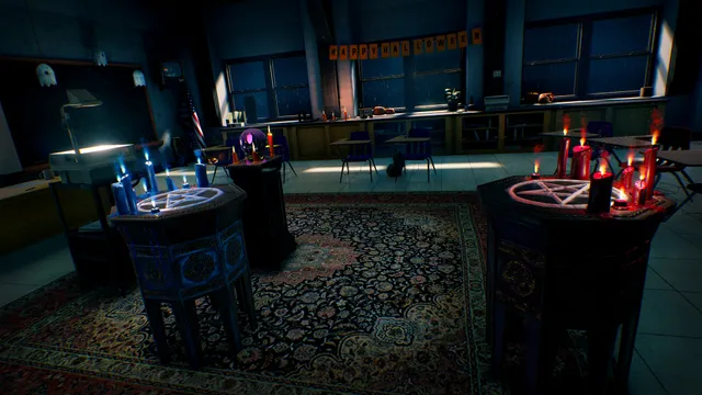 Hide and Shriek: a ritual room with tables of lit candles and a pentagram on a rug, with a Happy Halloween banner on the far wall