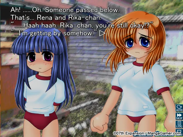 Rika and Rena in gym clothes beside an old wooden house, with dialogue text