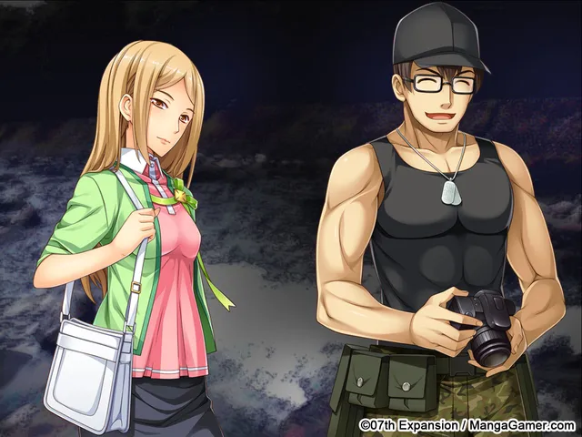 Two adult villagers, a young woman with a shoulder bag and a man in a cap holding a camera, at night