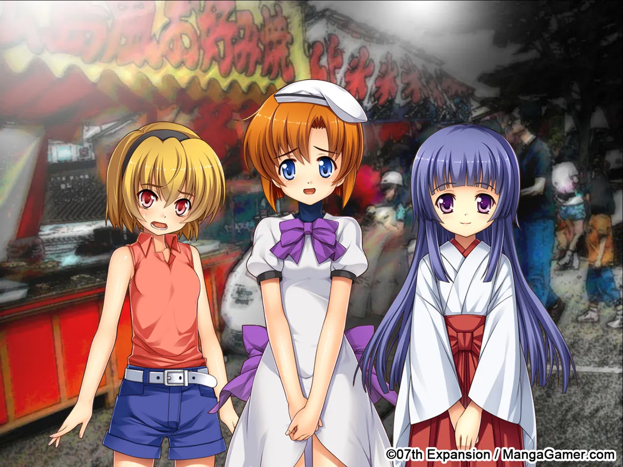 Higurashi Ch.1 screenshot: Satoko, Rena and Rika standing at a village festival stall