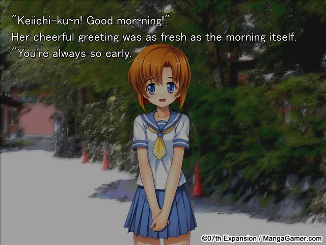 Rena greets Keiichi on a country road, with the English text box over the scene