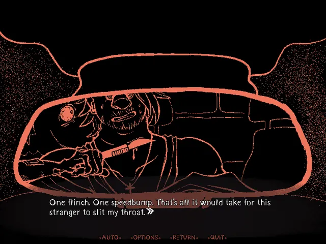 HIKEBACK screenshot: a bearded stranger with a knife seen in a car's rearview mirror, drawn in red lines on black, as the driver thinks one flinch is all it would take