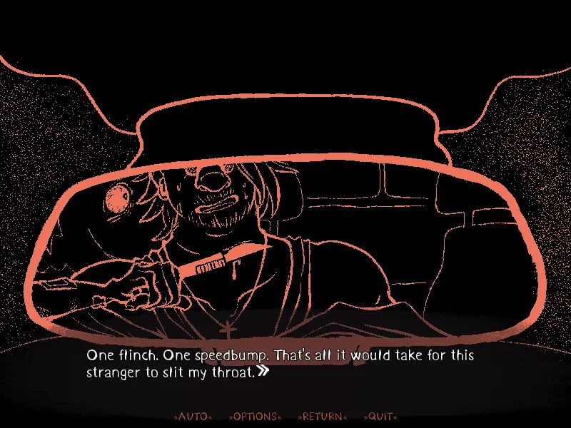 HIKEBACK screenshot: a bearded stranger with a knife seen in a car's rearview mirror, drawn in red lines on black, as the driver thinks one flinch is all it would take