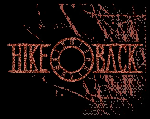 HIKEBACK cover: the title with a clock face for the O, in red over scratched red lines on black