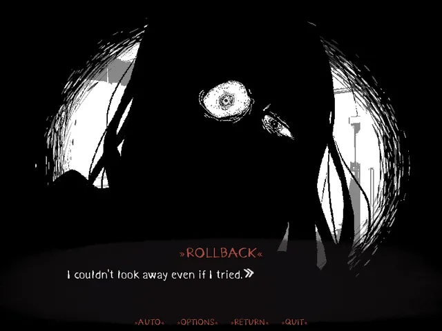 HIKEBACK screenshot: a dark face with one wide staring eye framed by black hair, and the line I couldn't look away even if I tried