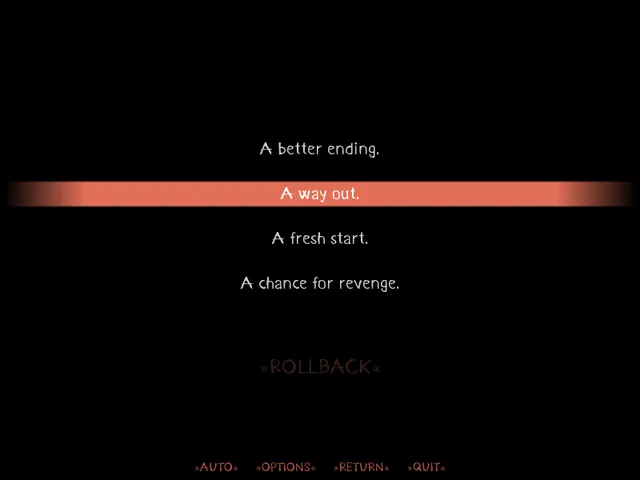 HIKEBACK screenshot: a choice menu offering a better ending, a way out, a fresh start or a chance for revenge