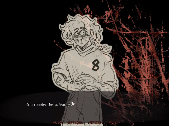 HIKEBACK screenshot: the curly-haired hitchhiker in a jumper wringing their hands, with the line You needed help. Badly.