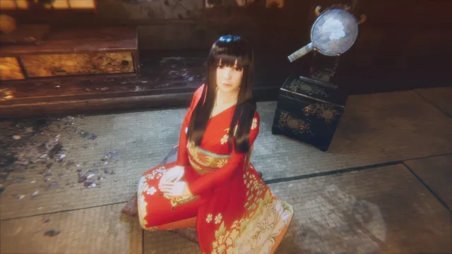 Hollow Cocoon screenshot: a young woman in a red floral kimono kneels on worn tatami mats beside a lacquered mirror stand