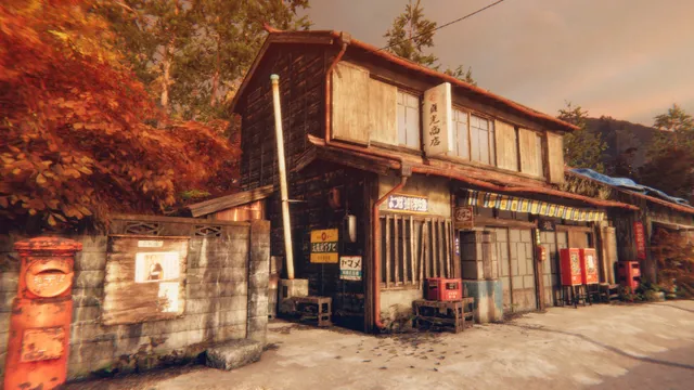 Hollow Cocoon screenshot: an old wooden shop on a village street at dusk, with a red post box, vending machines and autumn trees