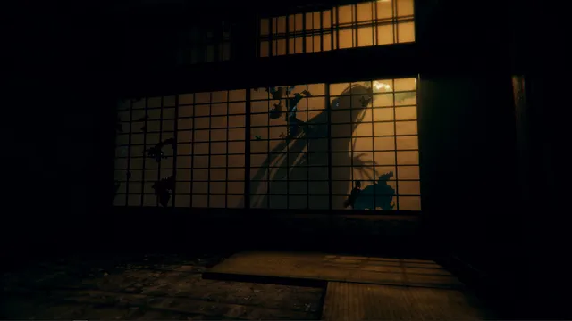 Hollow Cocoon screenshot: the shadow of a tall, long-haired figure falls across lit paper sliding doors in a dark tatami room