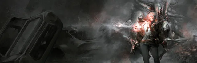 Hollowbody key art: Mica with a glowing device, held by pale, grasping figures in grey smoke