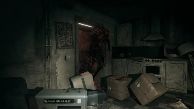 Hollowbody screenshot: a red, sinewy creature in a doorway of a ruined kitchen